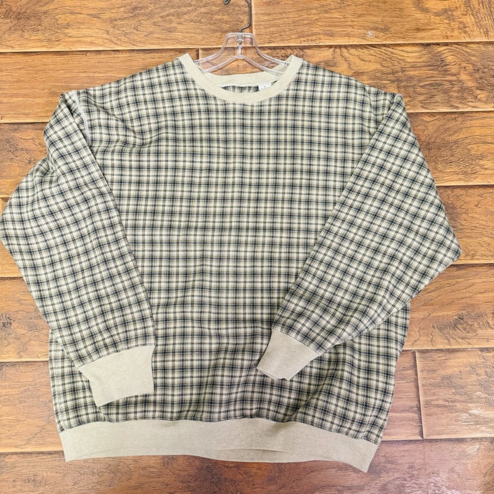 Vintage Mens XL Trader Bay Knit Plaid Check Tartan Sweater Ivory Blue.